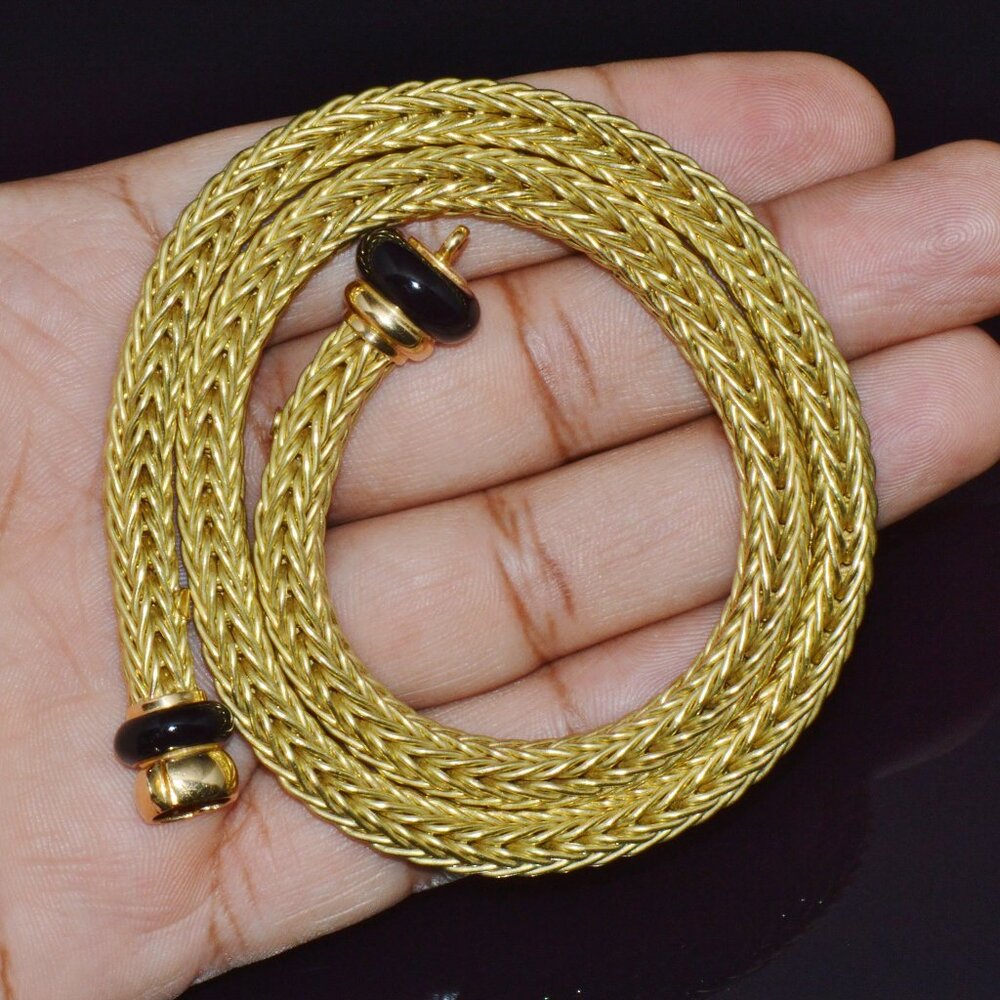 18K Solid Gold Italian Woven Braided Necklace with Black Enamel Accents – 49.1g